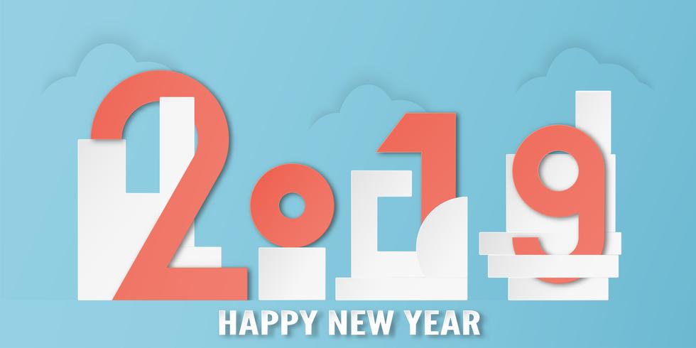 Decoração do ano novo feliz 2019 no fundo azul. Vector a ilustração com projeto da caligrafia do número no ofício cortado e digital do papel. Estilo minimalista.