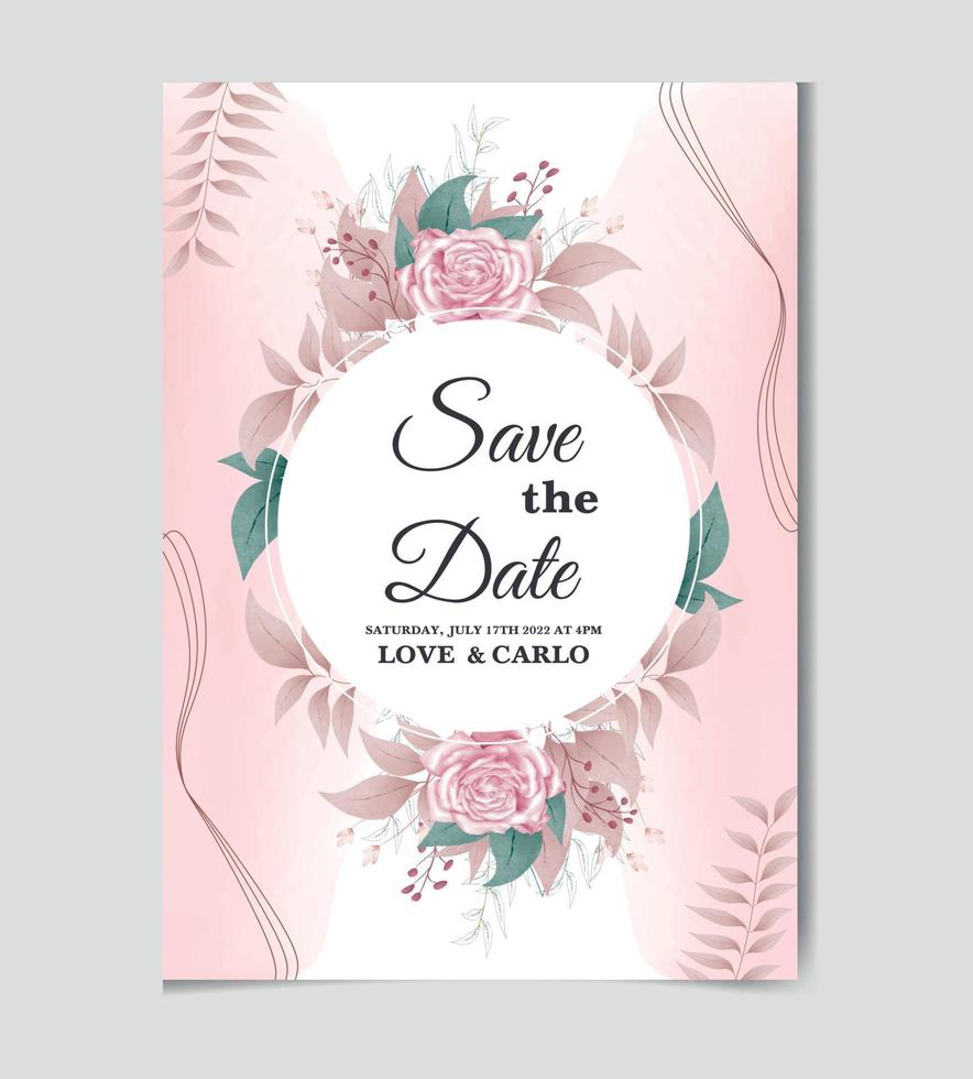 modelo de convite de casamento floral com cartão de convite de chá de panela de vegetação de flor rosa rosa vetor