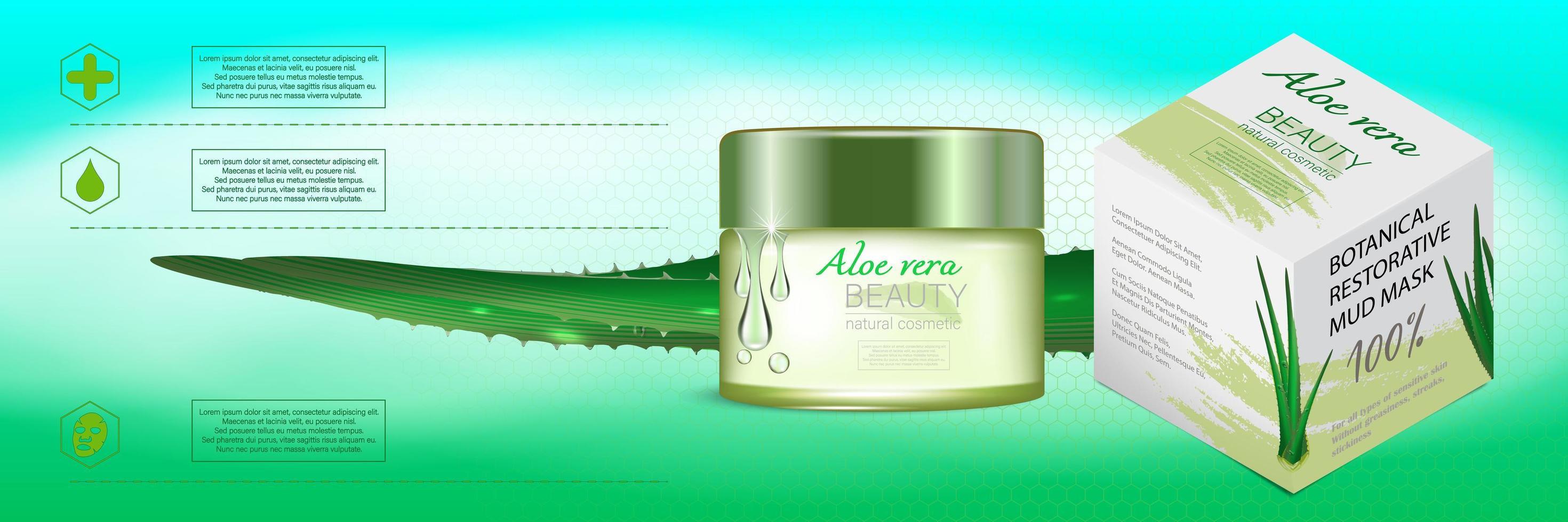 creme de cuidados com a pele com aloe vera e folhas de plantas com infopanel e logotipos. design de embalagem de marca. ilustração vetorial. vetor