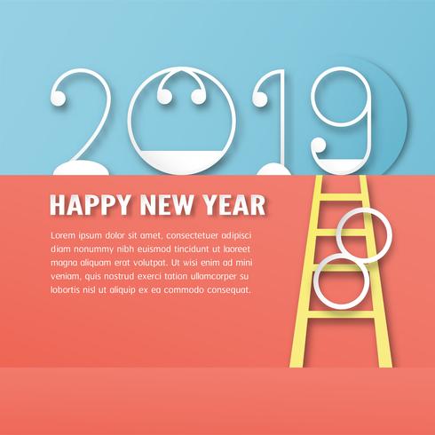 Decoração do ano novo feliz 2019 no fundo azul. Vector a ilustração com projeto da caligrafia do número no ofício cortado e digital do papel. O conceito mostra que houve mudança do ano.