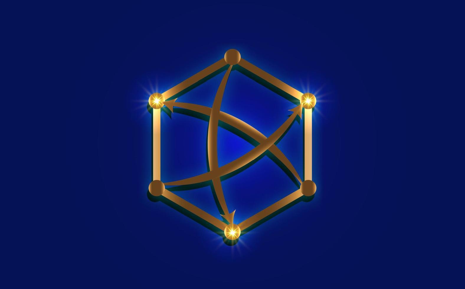 modelo de logotipo blockchain. projeto de tecnologia. criptomoeda, ícone da cadeia de esferas conectadas com setas dinâmicas. ilustração vetorial de ouro isolada em fundo azul vetor