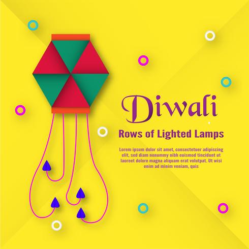 Cartão do convite para o festival de Diwali de hindu. Projeto da ilustração do vetor no estilo do corte do papel.