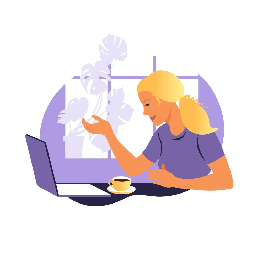 uma mulher trabalha e se comunica em um laptop, sentada à mesa em casa com uma xícara de café e papéis. ilustração vetorial. plano. vetor