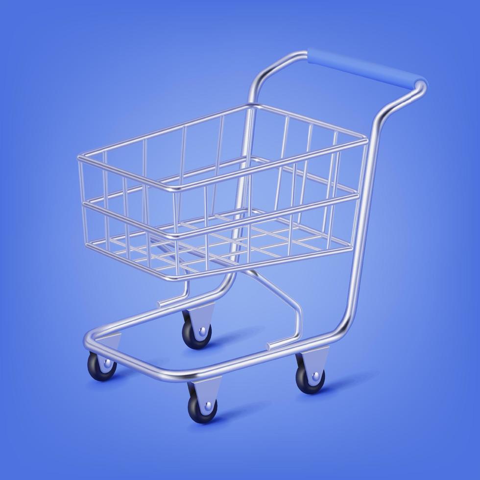 carrinho de compras de design minimalista na ilustração 3d de fundo azul. vetor