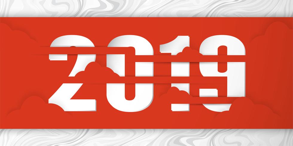 Feliz ano novo 2019 com shodow de nuvem sobre fundo vermelho. Vector a ilustração com projeto da caligrafia do número no ofício cortado e digital do papel.