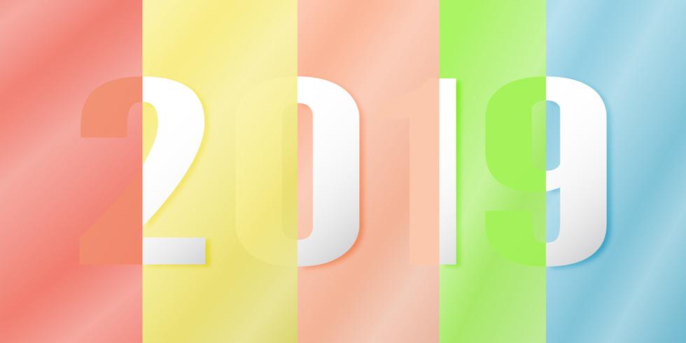 Feliz ano novo 2019 no conceito de design material em fundo colorido. Vector a ilustração no ofício cortado e digital do papel com reflexão do espelho.