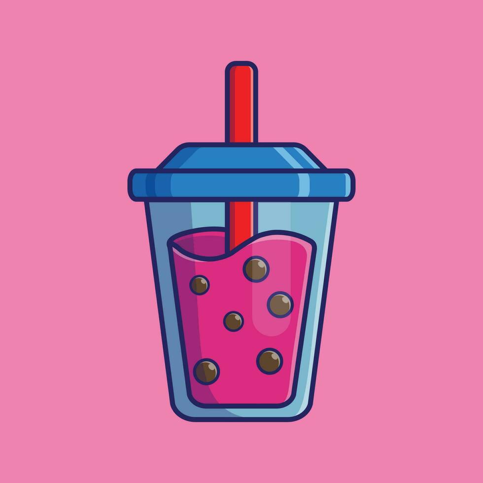 leite de morango com boba na ilustração do ícone dos desenhos animados do copo. conceito de bebida. design isolado premium vetor