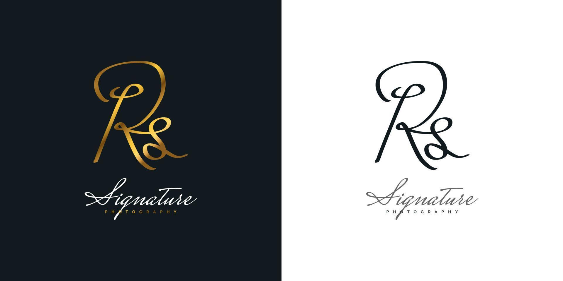 elegante design de logotipo inicial r e s com estilo de caligrafia em gradiente de ouro. rs logotipo ou símbolo de assinatura para casamento, moda, joias, boutique e identidade comercial vetor