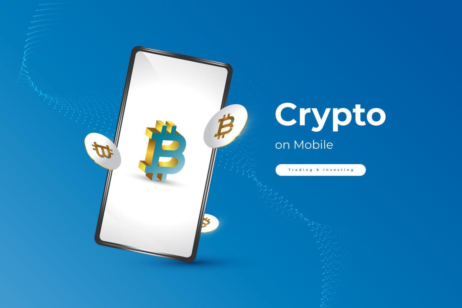 criptomoeda bitcoin com smartphone em fundo azul. . criptomoeda bitcoin no celular. vetor