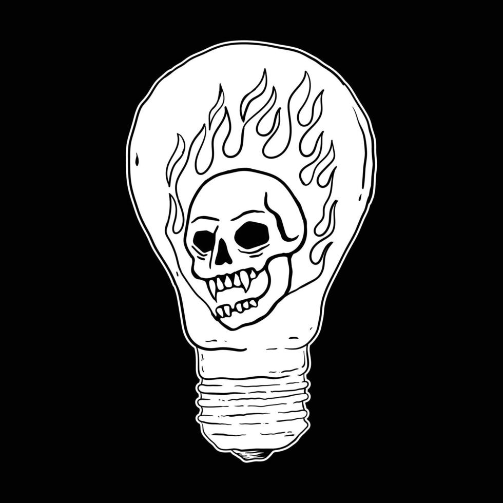 fogo do crânio dentro de uma lâmpada preto e branco desenhado à mão vetor