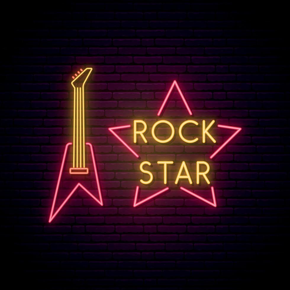 sinal de néon de música rock. guitarra de luz brilhante e emblema de estrela para pub de rock, café, karaokê. vetor