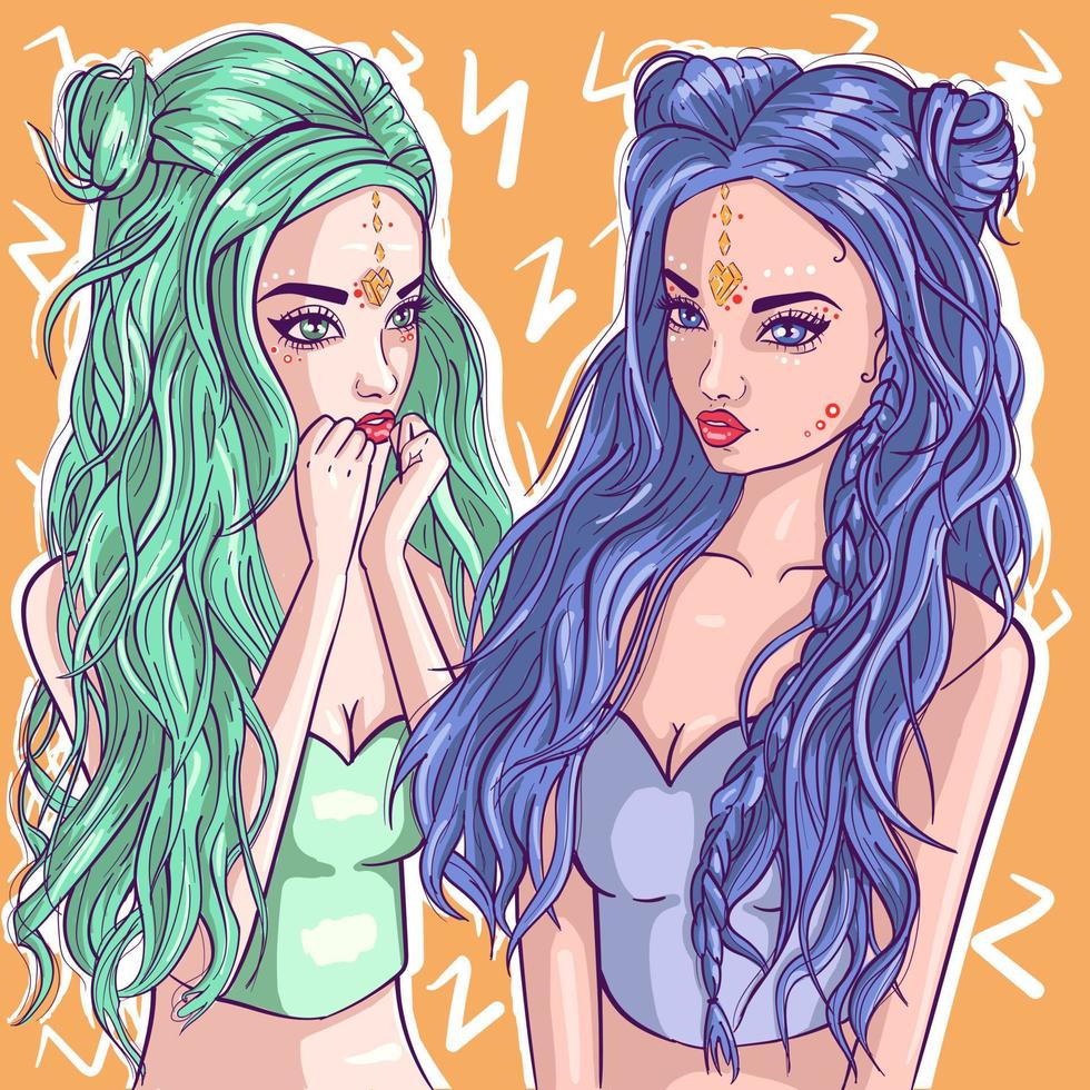 arte conceitual de duas meninas com cabelo azul e verde e roupas representando um signo de ar. vetor do zodíaco de gêmeos do retrato de duas mulheres.