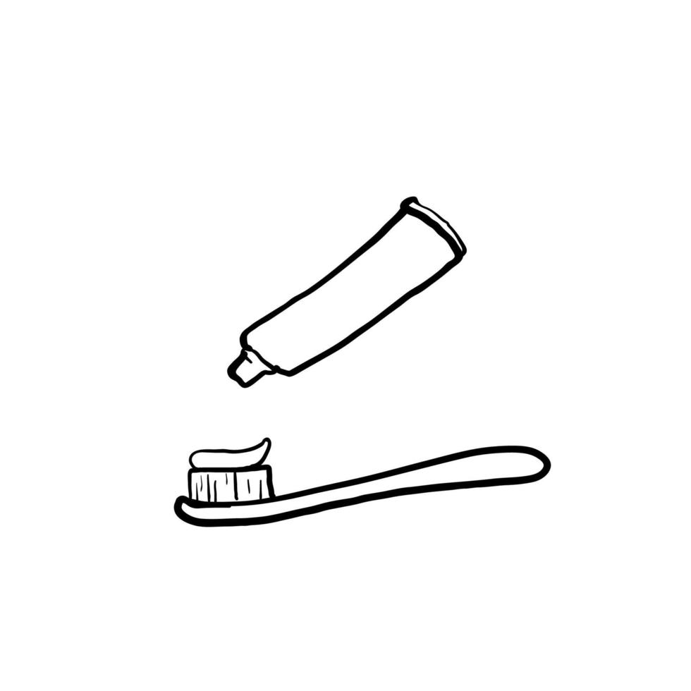 ilustração de escova de dentes e pasta de dente desenhada à mão com vetor de estilo doodle