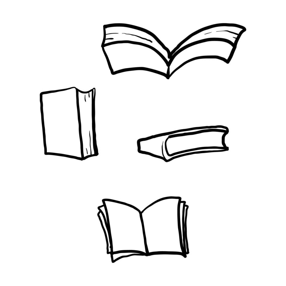 ícone de livro desenhado à mão definido em estilo de doodle de estilo de linha fina vetor