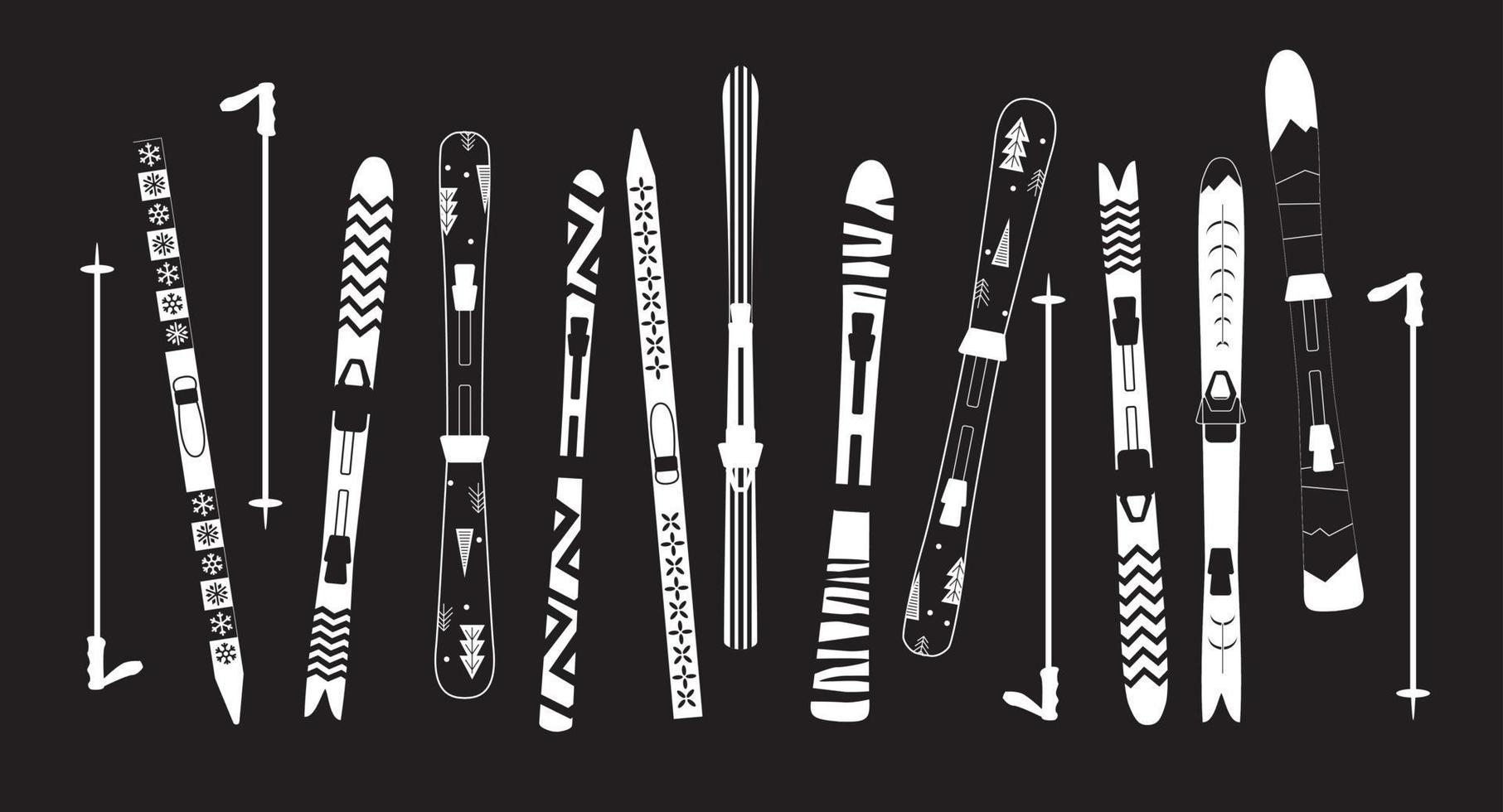 conjunto de esqui com padrão. design de esqui diferente. tipo de esqui. cartaz preto e branco minimalista. esporte de inverno. vetor