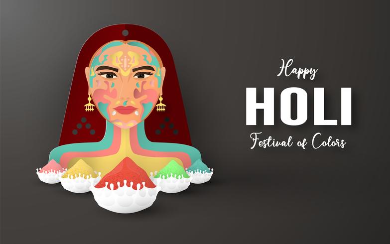 Feliz Holi, Festival das Cores. Modelo de design de elementos para o modelo, banner, cartaz, cartão de felicitações. Ilustração vetorial no corte de papel, artesanato, tipo de origami com estilo plana leigo. vetor