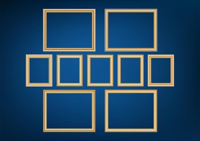 Grupo de imagem decorativa do quadro com beira do ouro, projeto do vetor no fundo azul com espaço da cópia no conceito superior.