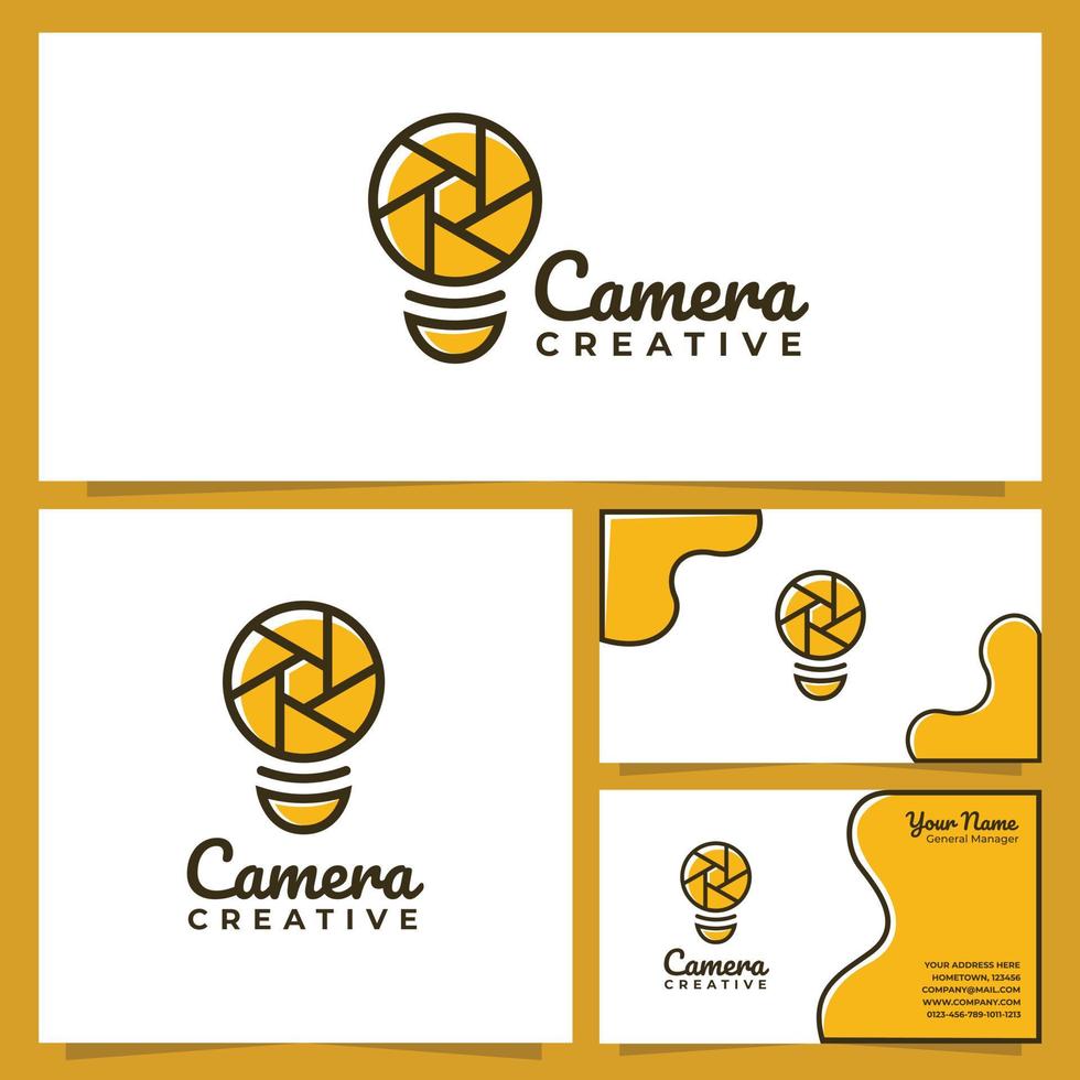 logotipo da lâmpada da câmera e design de cartão de visita vetor