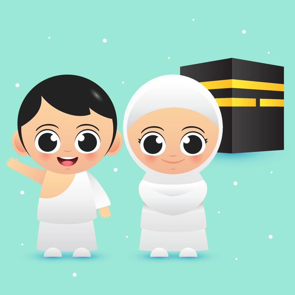 duas lindas crianças muçulmanas usam vetor de ilustração de roupa hajj