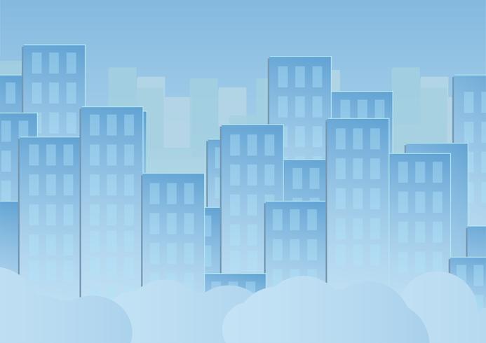 Céu azul com nuvens e prédios urbanos. Projeto da ilustração do vetor no corte e no plano de papel.