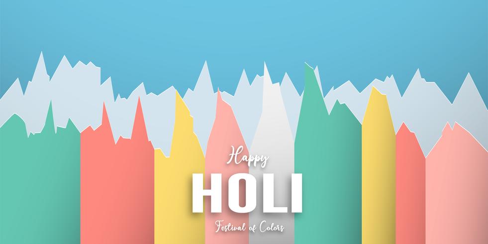 Feliz Holi, Festival das Cores. Modelo de design de elementos para o modelo, banner, cartaz, cartão de felicitações. Ilustração vetorial no corte de papel, artesanato, tipo de origami com estilo plana leigo. vetor