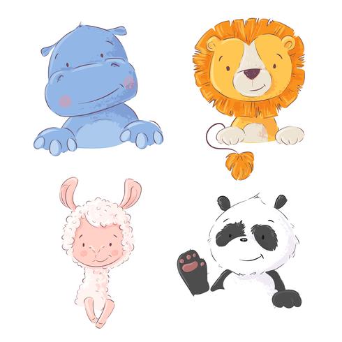 Conjunto de giro hipopótamo de animais tropicais, leão, lhama e panda, ilustração vetorial no estilo cartoon vetor