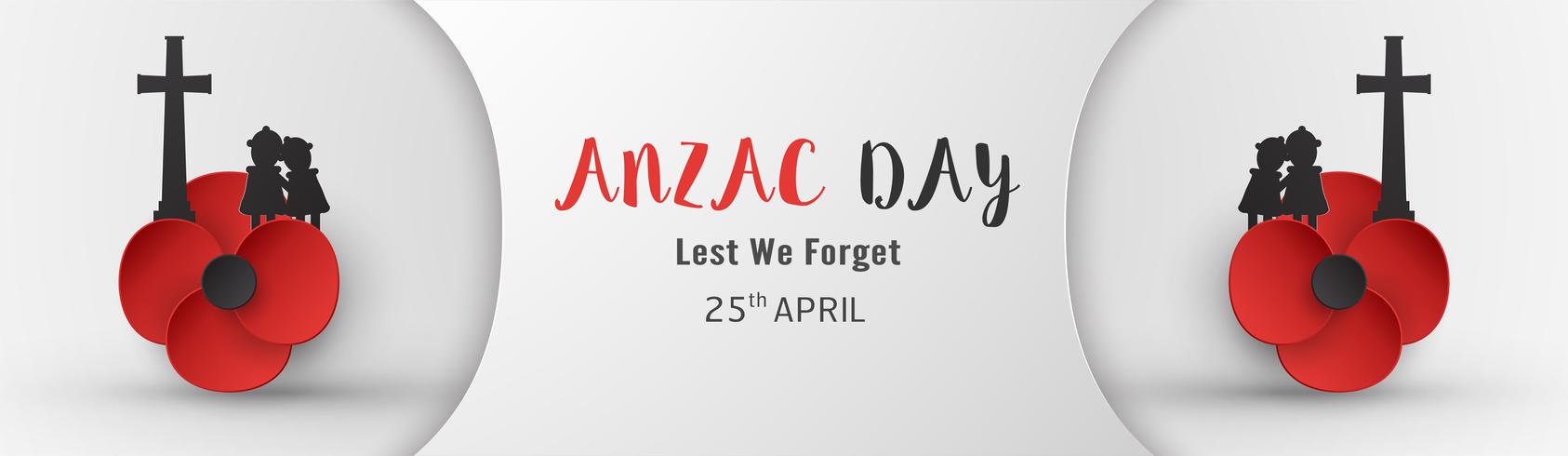 Feliz Dia Anzac em 25 de abril por quem serviu e morreu na guerra da Austrália e Nova Zelândia. Modelo de design de elementos para banner, cartaz, saudação, convite. Ilustração vetorial no corte de papel, estilo ofício. vetor
