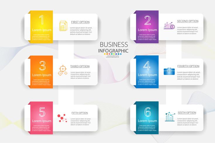 Modelo de negócio de design 6 opções ou etapas infográfico elemento gráfico vetor