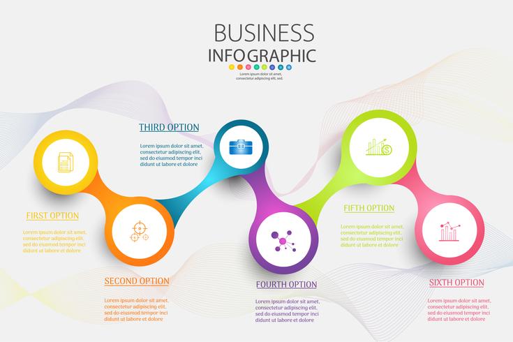 Modelo de negócio de design 6 opções ou etapas infográfico elemento gráfico vetor