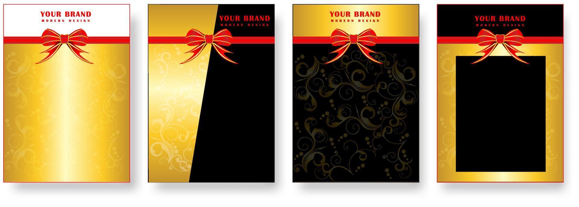 capa de papel dourado de luxo, conjunto de design de moldura. fundo de padrão floral de luxo com fita vermelha vetor