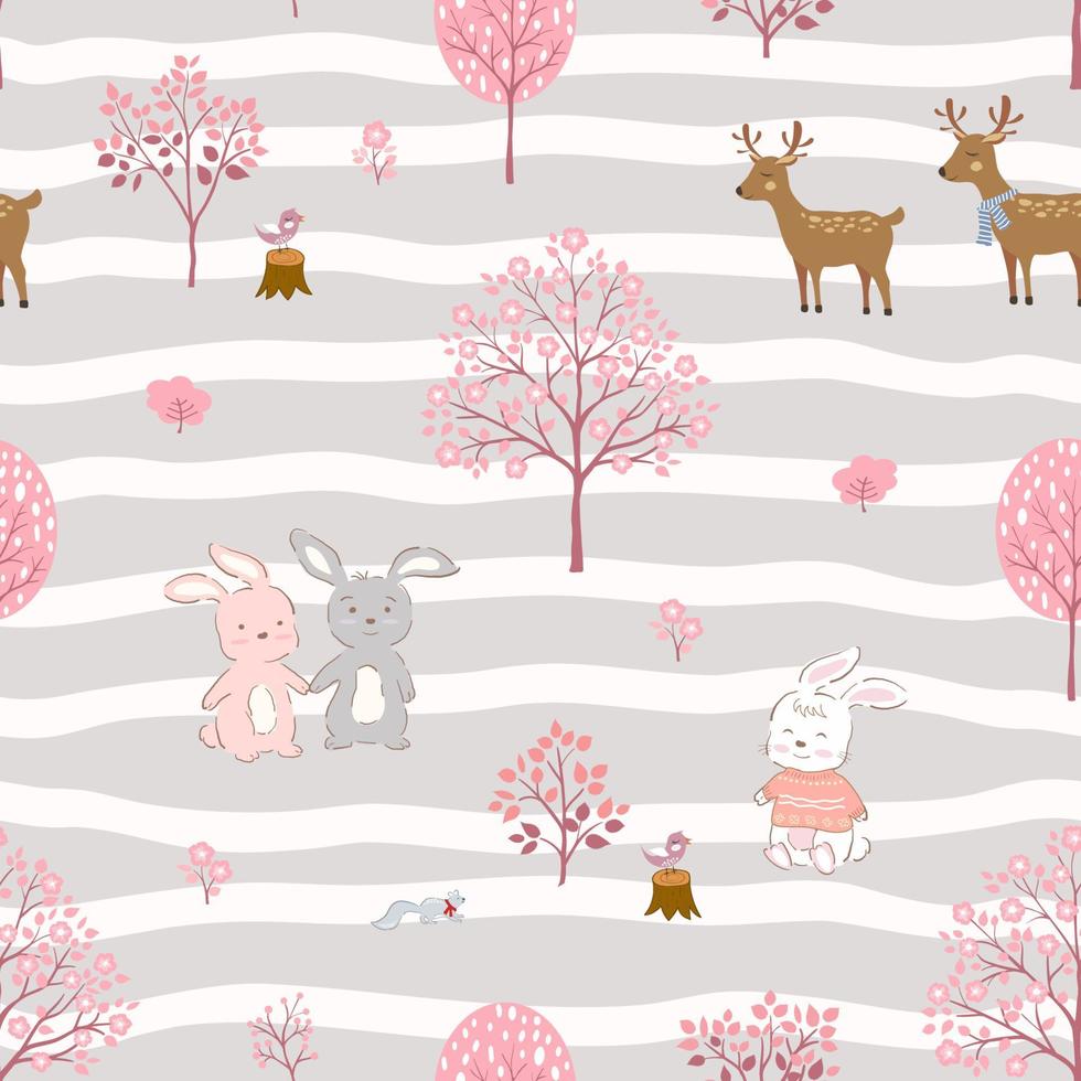 coelhos fofos e amigos felizes no jardim rosa, padrão sem emenda com flores desabrochando na primavera para decoração, produto infantil, moda, tecido, têxtil, papel de parede e toda a impressão vetor