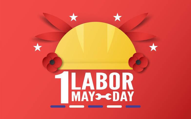 Feliz dia do trabalho em 1 de maio de anos. Modelo de design para banner, cartaz, capa, propaganda, site. Vector a ilustração no estilo do corte e do ofício do papel no fundo vermelho.