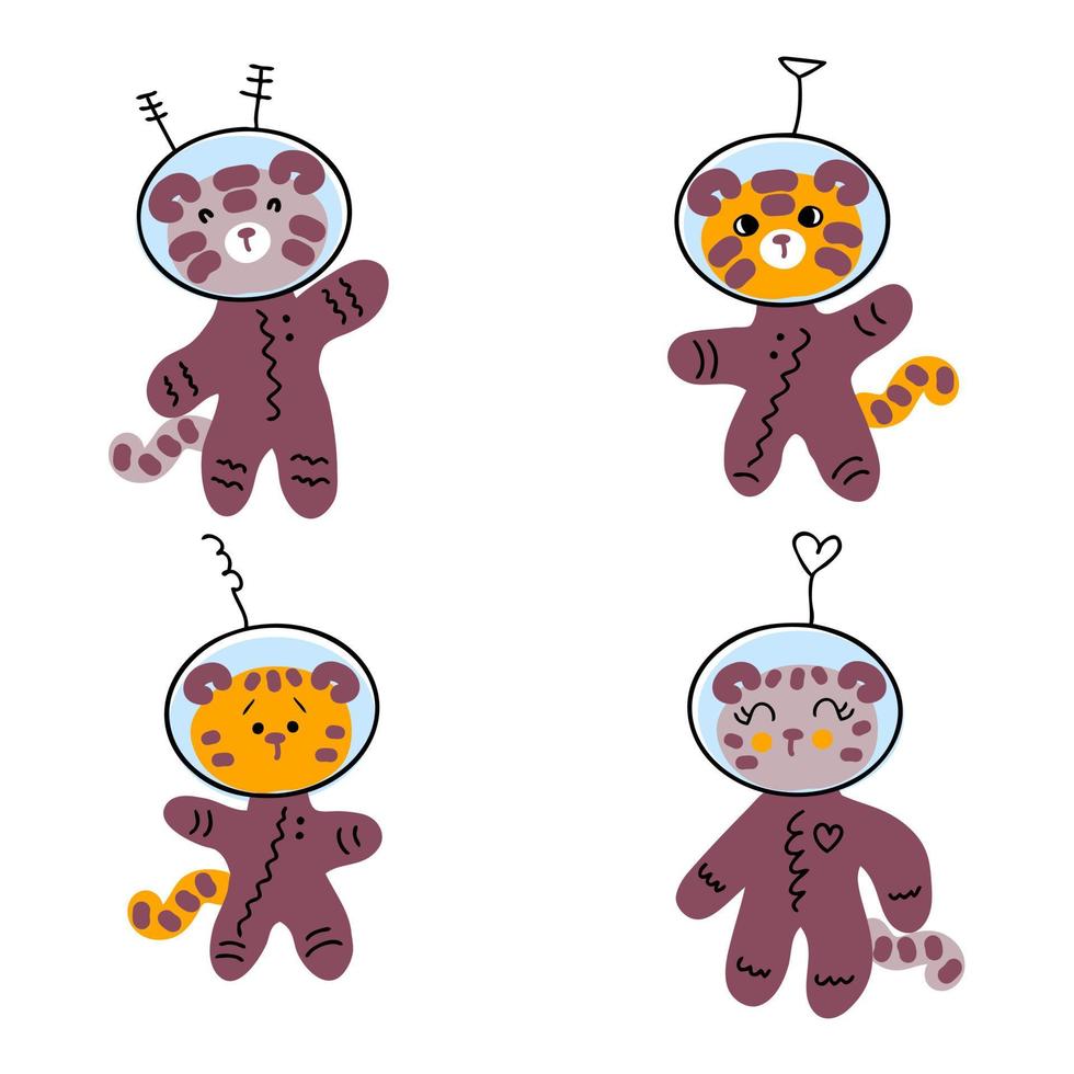 coleção de astronautas de filhotes de tigre desenhados à mão. vetor