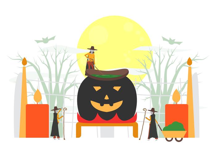 Cena mínima para o dia de halloween, 31 de outubro, com monstros que incluem mulher bruxa. Ilustração vetorial, isolada no fundo branco. vetor