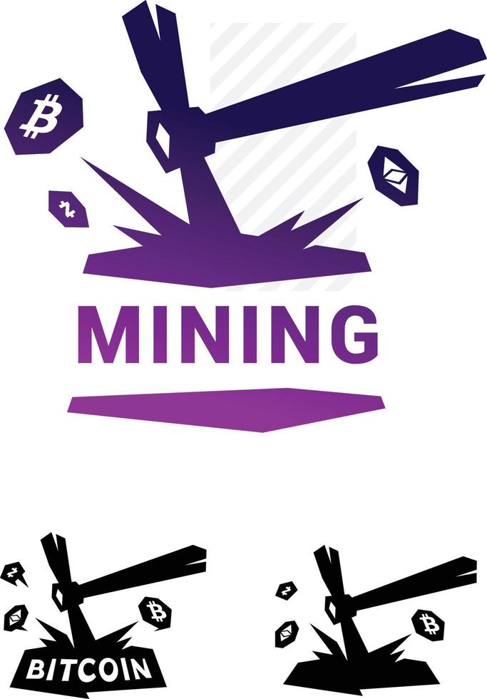 logotipo de mineração, mineração de bitcoin. picareta de metal extraindo moeda criptográfica. logotipo vetorial. logotipo para empresa isolada no fundo branco. marca da empresa. emblema nos mineiros. vetor