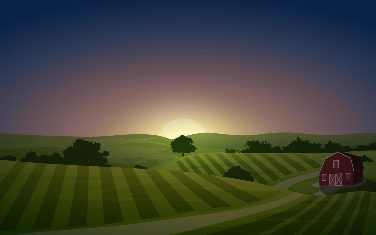 paisagem do sol rural com celeiro e caminho vetor
