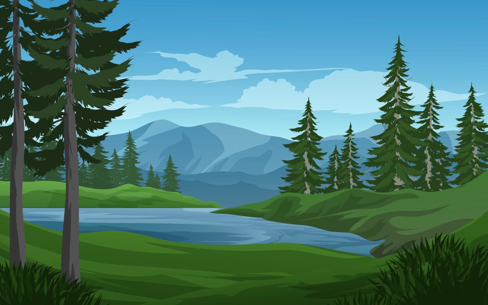 paisagem de floresta de coníferas com montanha e rio vetor