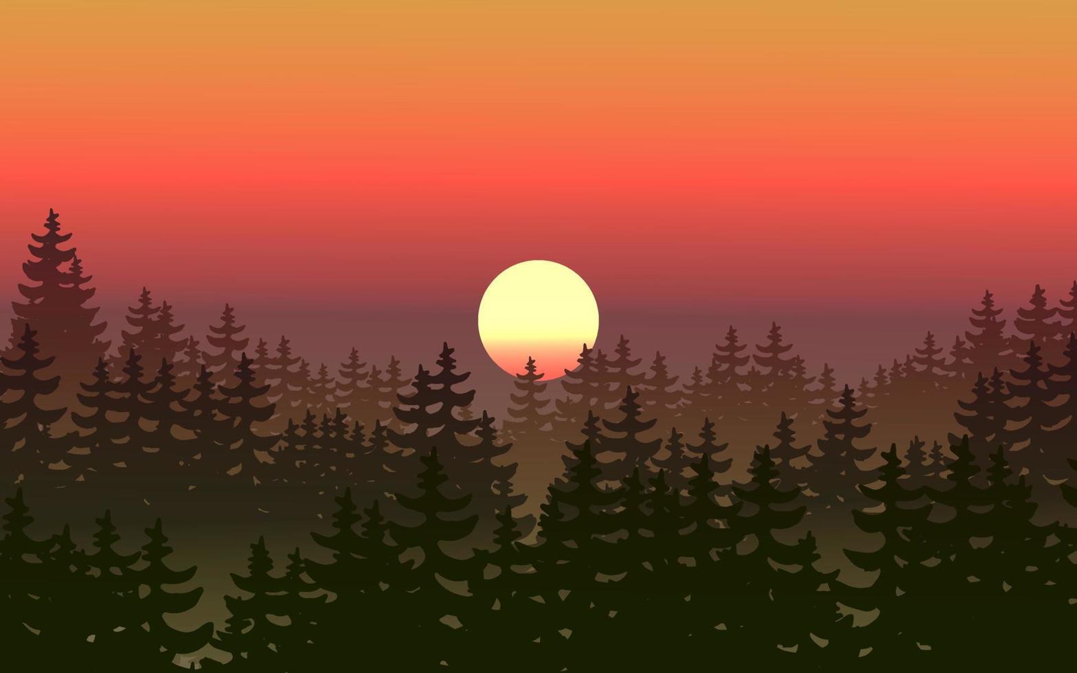 paisagem de cena do sol de silhueta de floresta de coníferas vetor