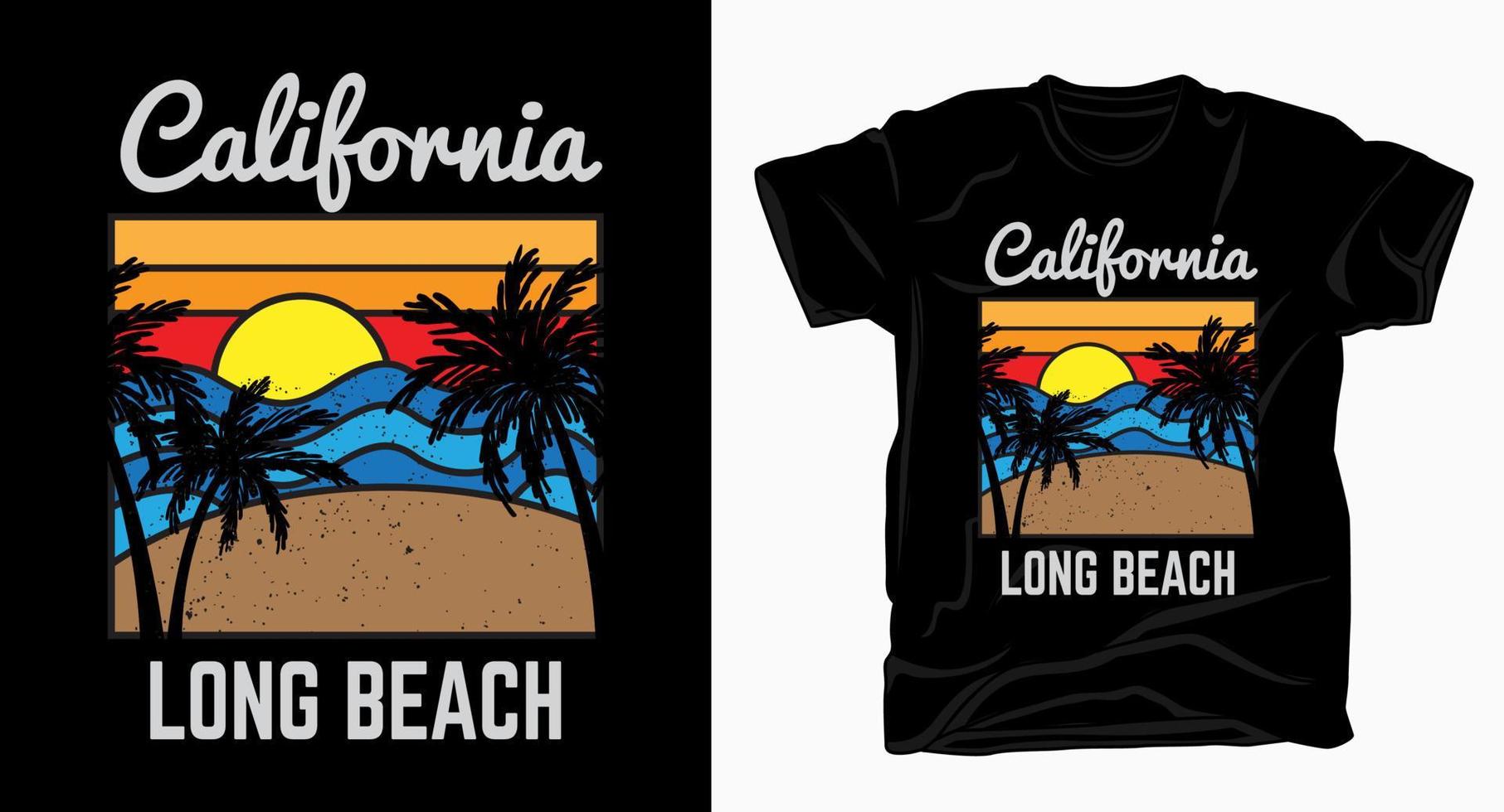 california long beach com camiseta praia, palmeira e pôr do sol vetor