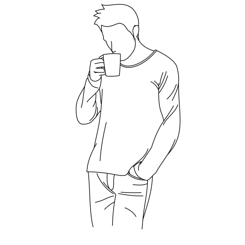 um jovem bonito segurando a caneca apreciando o aroma de uma xícara de café ou chá. um homem bebendo e bebendo seu café da manhã. homem feliz sorrindo com cheiro de café delicioso durante o café da manhã vetor