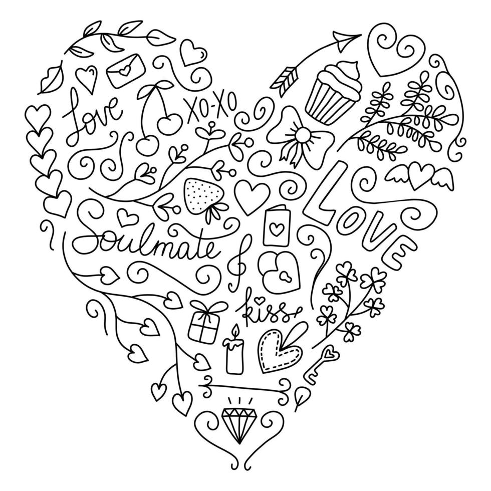 vector doodle forma de coração clipart preto lineart. cartão de dia dos namorados. carta de amor. ilustração romântica