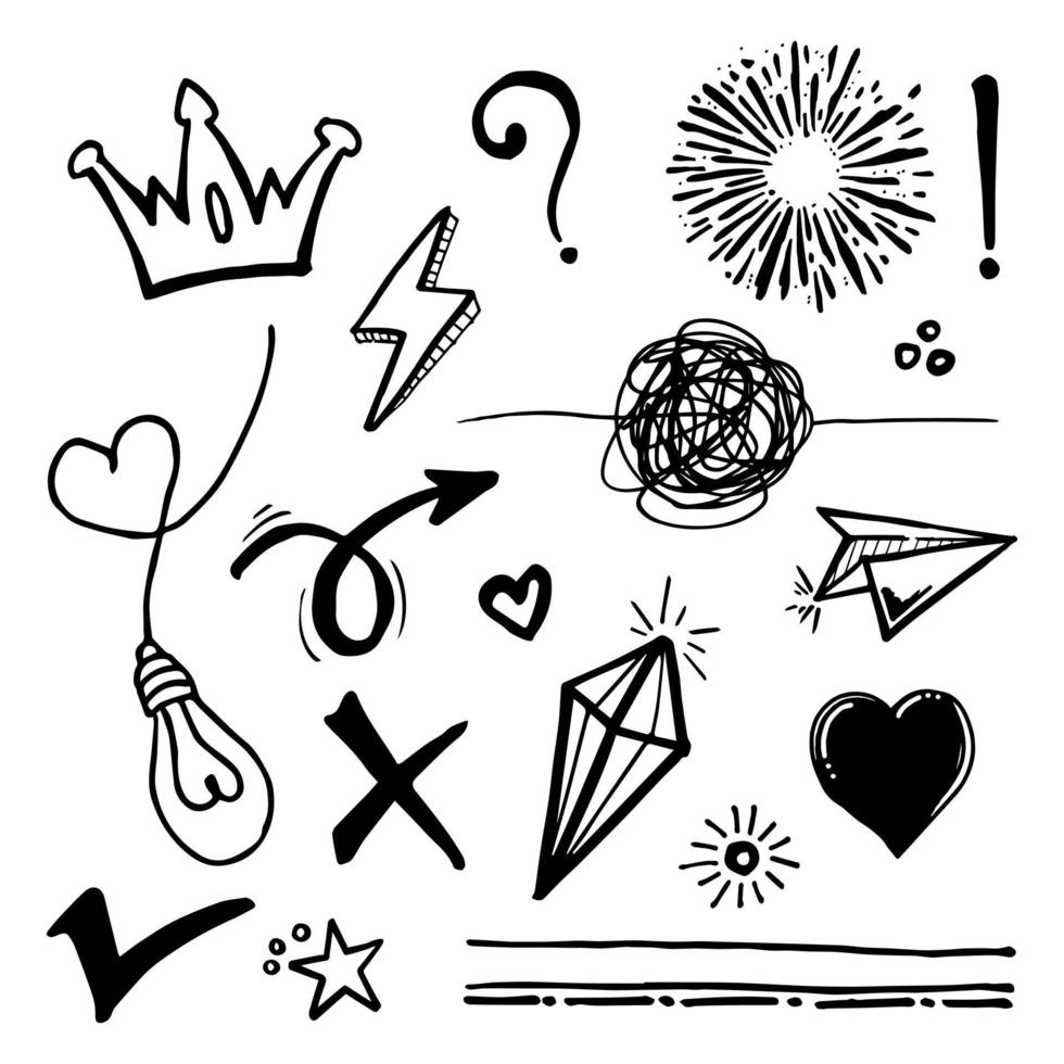 doodle vetor definido ilustração com vetor de estilo de arte de linha de desenho de mão. coroa, rei, sol, flecha, coração, amor, estrela, redemoinho, swoops, ênfase, para design de conceito