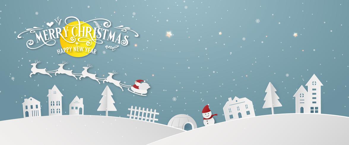A noite nevado do dia da cidade do Feliz Natal e o ano novo feliz do Xmas do festival do ano terminam a silhueta Santa Claus e fundo do papel de parede do sumário do cartão da decoração dos cervos. Vector design gráfico