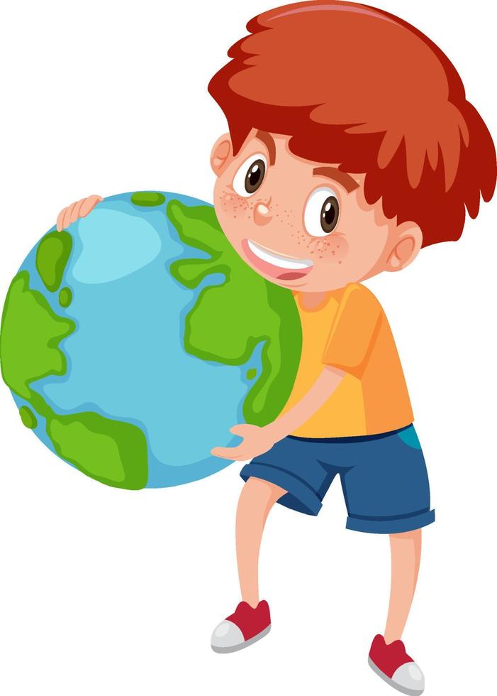 um menino segurando o globo da terra em estilo cartoon vetor