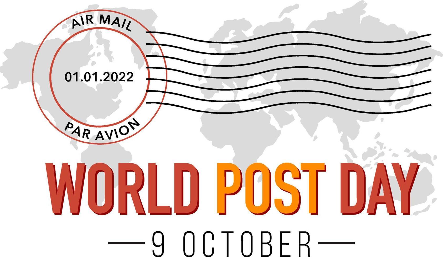 banner do dia mundial do correio com carimbo no mapa do mundo vetor