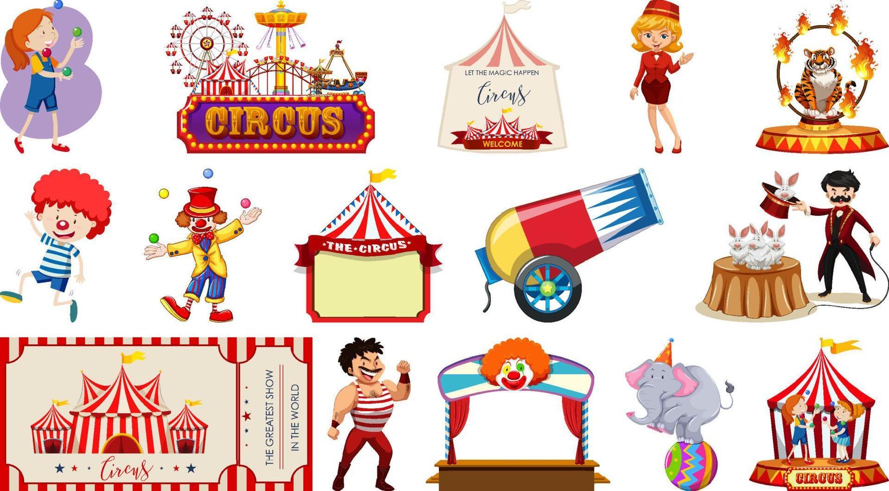 conjunto de personagens de circo e elementos de parque de diversões vetor