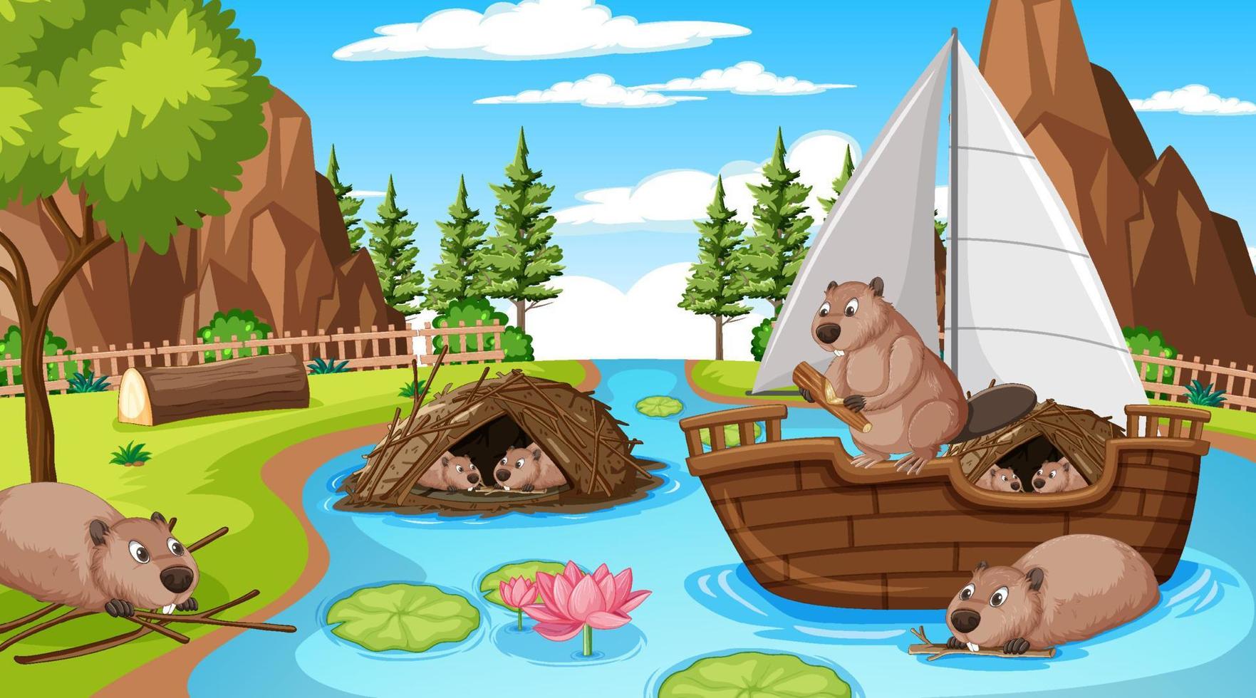 cena da floresta do rio com lontras e veleiro vetor