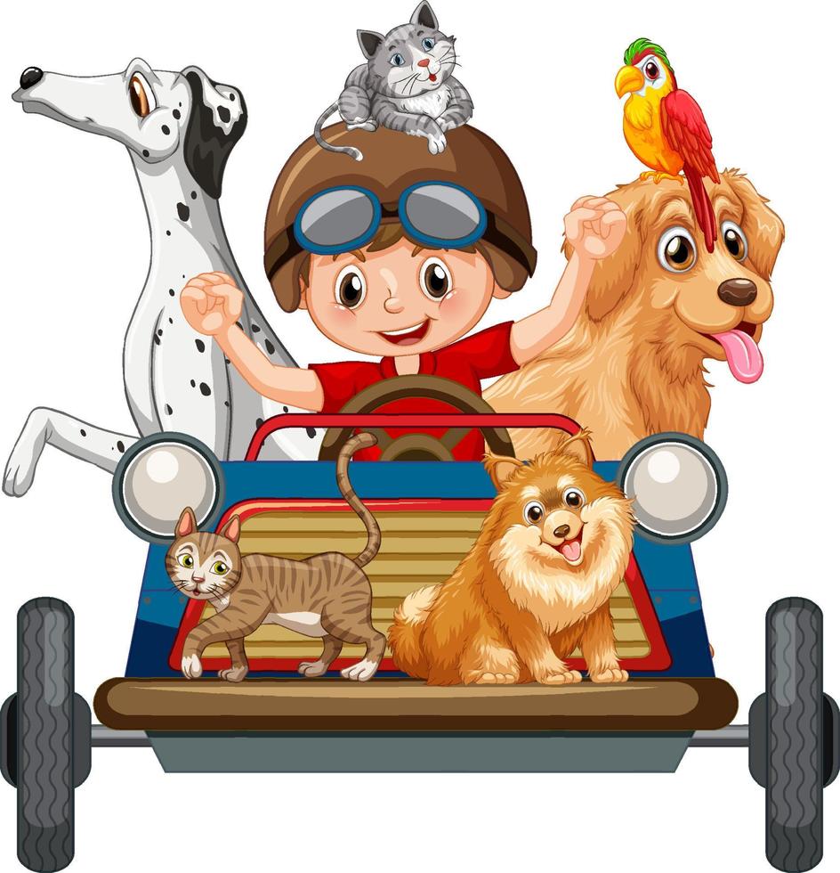 um menino dirigindo brinquedo de carro com seus cães no estilo cartoon vetor