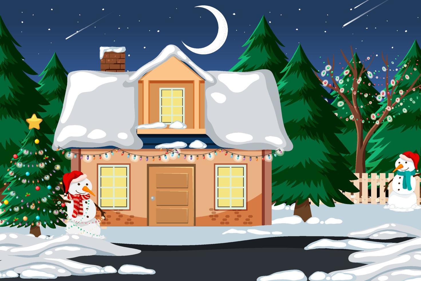 uma casa coberta de neve e decorada com decorações de natal vetor