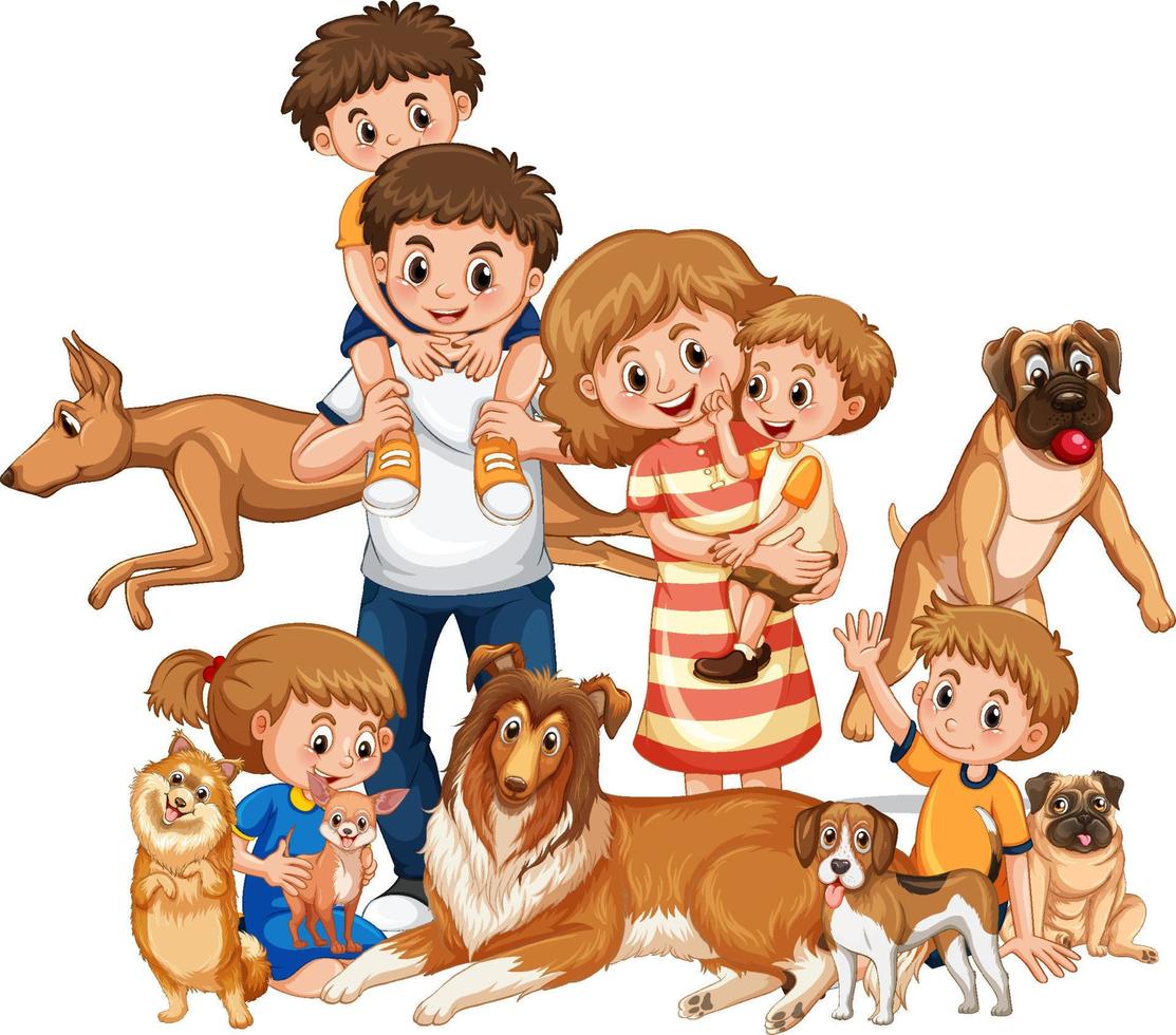 família feliz com muitos cães vetor